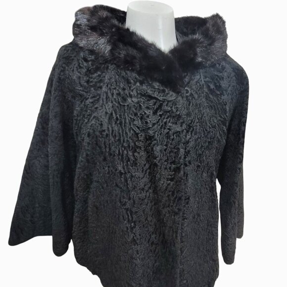 Vintage Black Persian Lamb Mink Collar Swing Coat Jacket - Picture 2 of 10